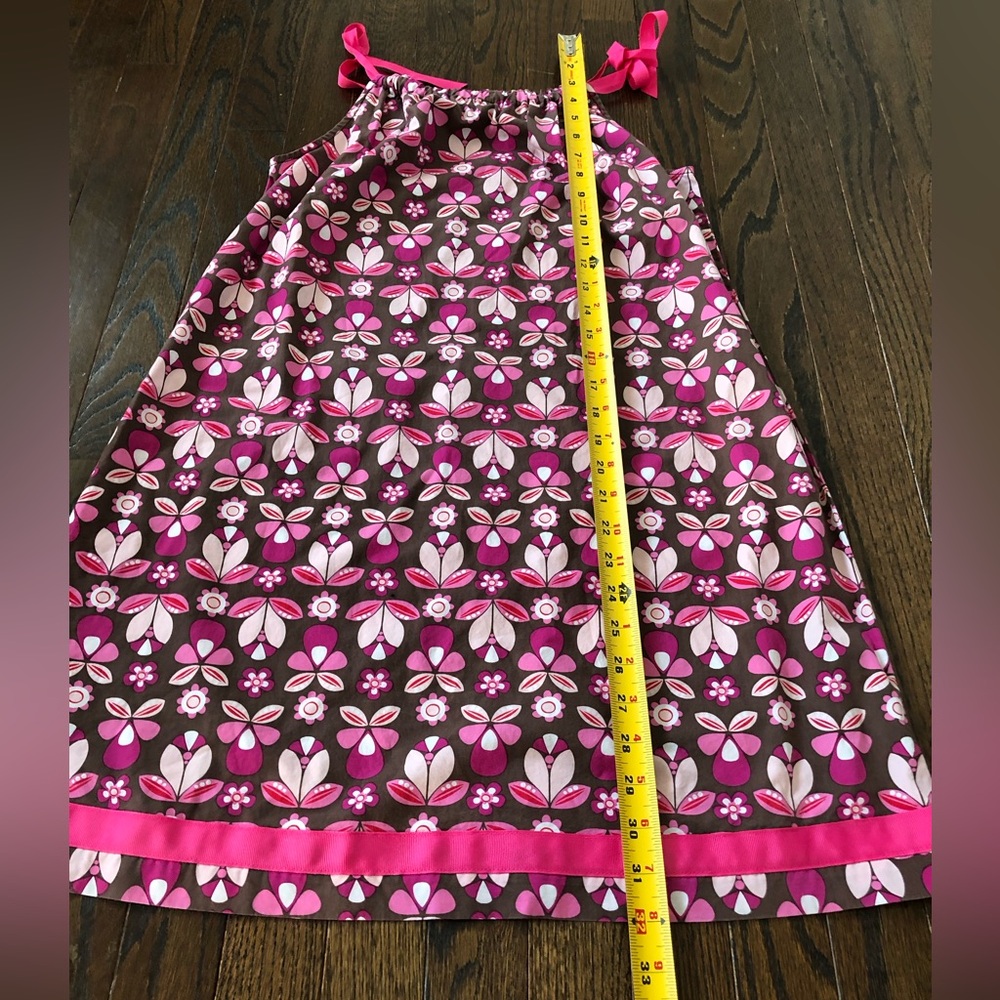 Hanna Andersson Girls 12 (150cm) Brown w/Pink Flowers Ruched Halter Shift Dress - Picture 4 of 11